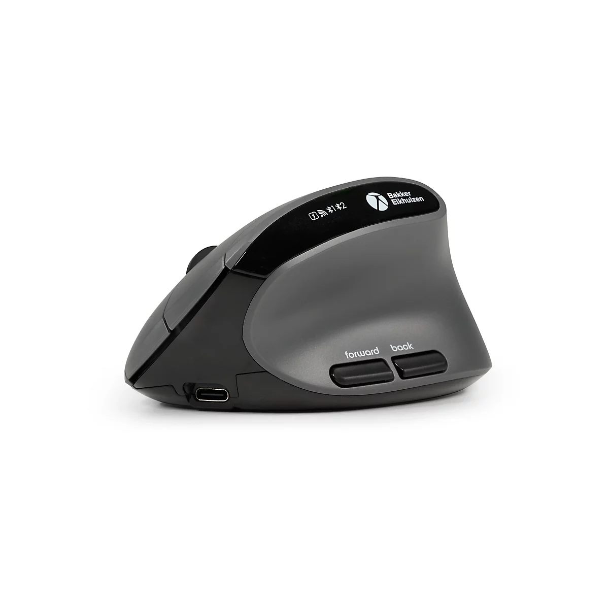 Souris ergonomique grise et noire avec boutons latéraux. "forward" et "back" sont imprimés sur la souris.