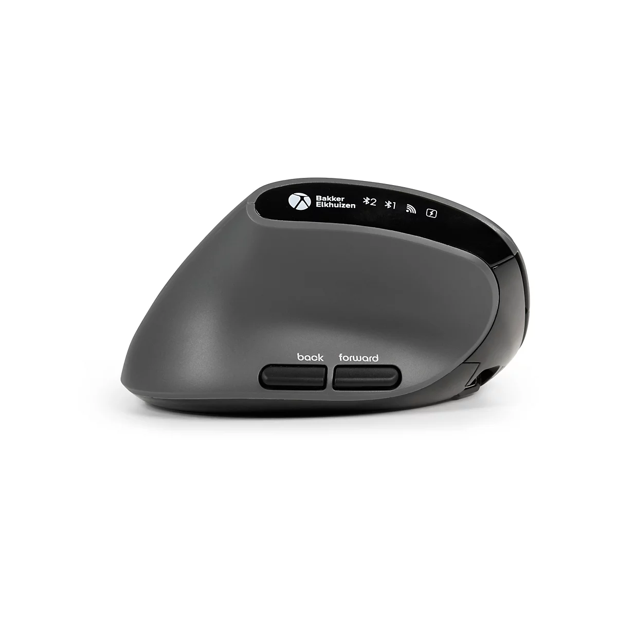 Souris ergonomique grise avec boutons "retour" et "avant". Logo et symboles en haut.