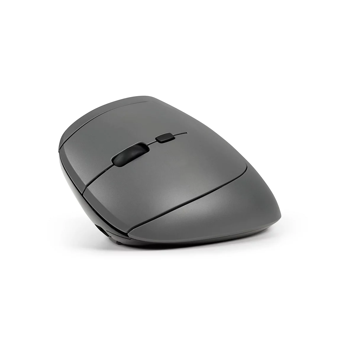 Souris ergonomique grise, légèrement inclinée. Boutons noirs sur le dessus, sur fond blanc.