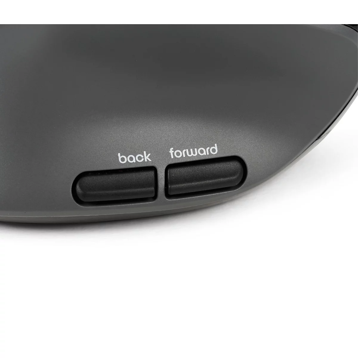 Gros plan sur une souris d'ordinateur. Deux boutons avec les inscriptions "back" et "forward".