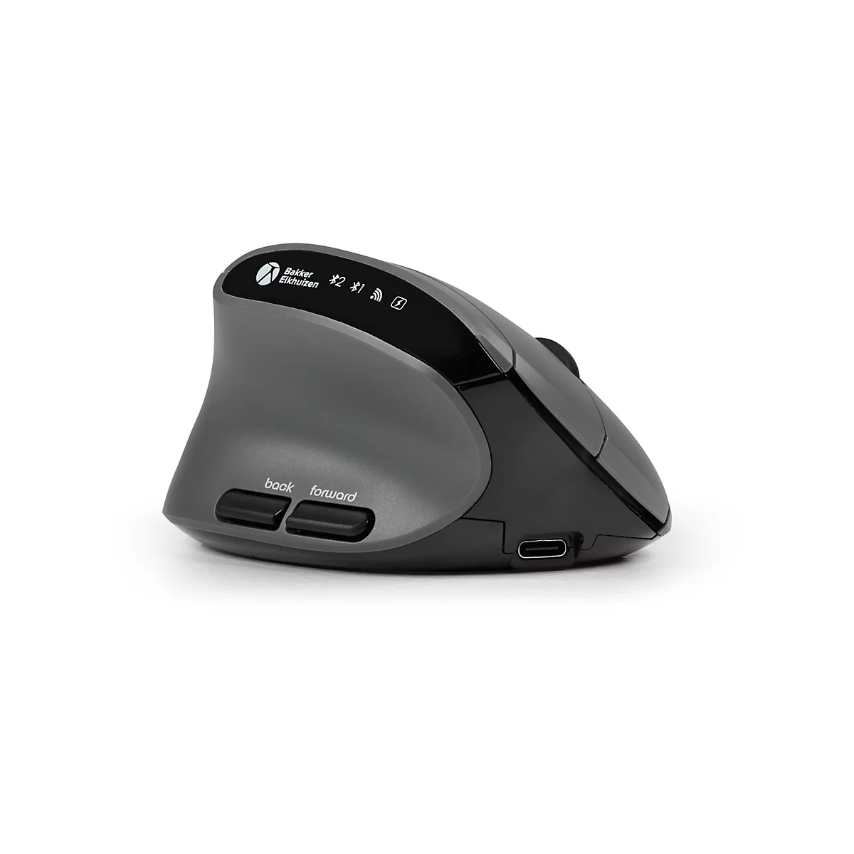 Souris d'ordinateur ergonomique, grise-noire, avec boutons et port USB-C, isolée sur fond blanc.