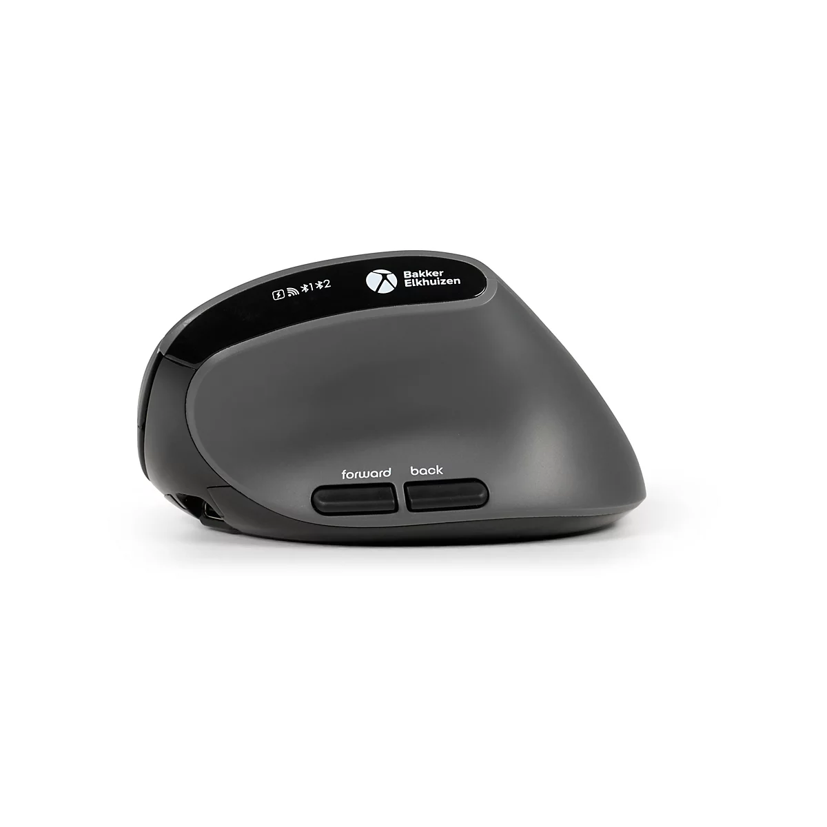 Souris ergonomique grise et noire. Logo en haut, deux boutons en dessous, avec l'inscription : avant, arrière.