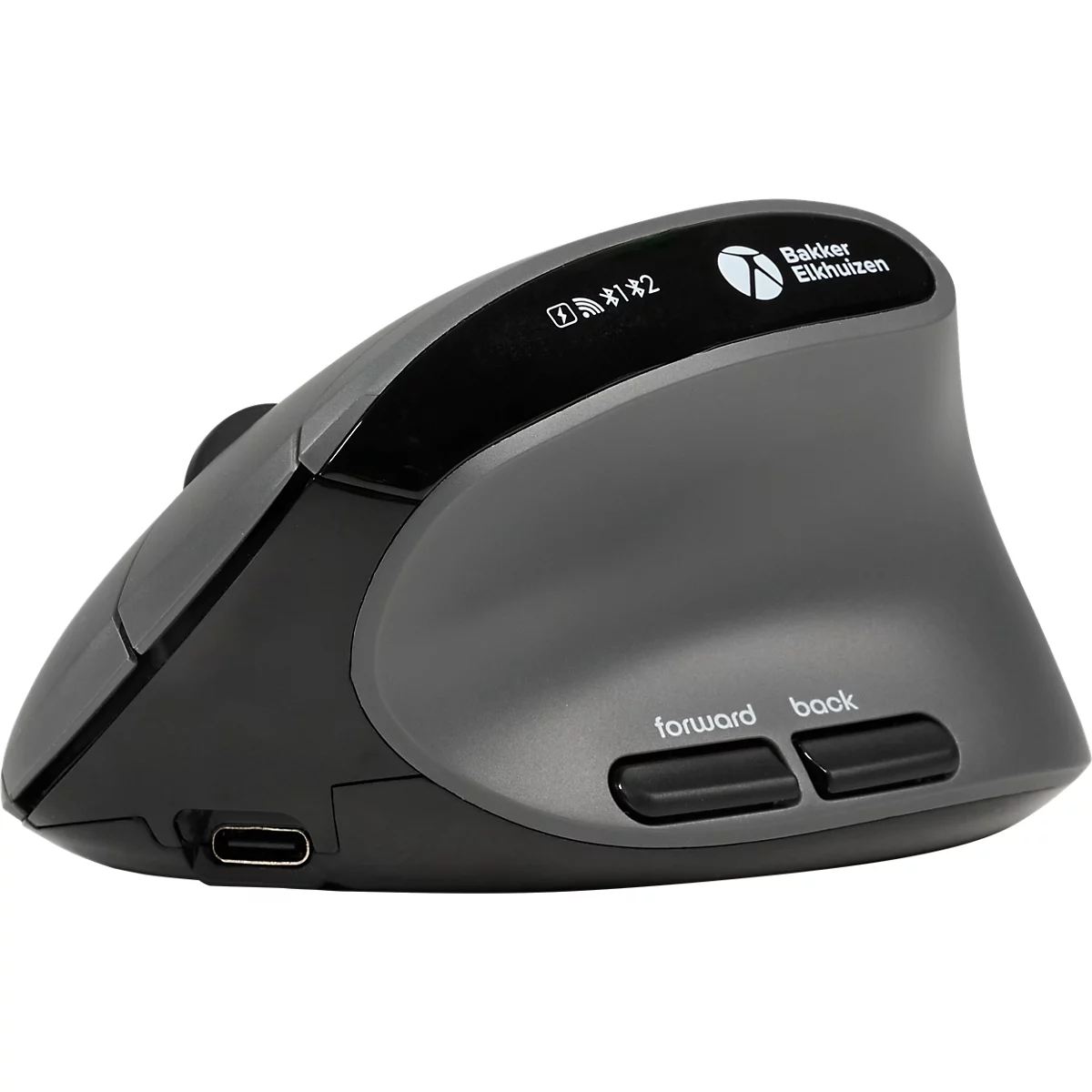 Souris ergonomique grise et noire. Avec les boutons 'avant' et 'arrière'. Un logo et un indicateur de charge sont en haut.