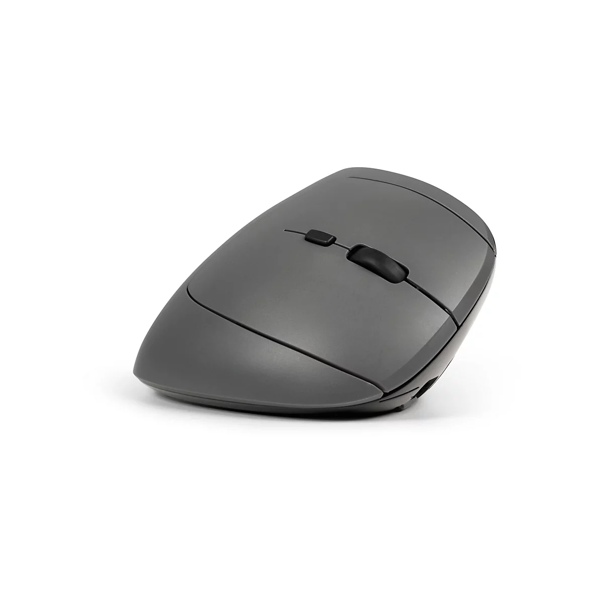 Souris ergonomique sans fil grise, vue de côté.