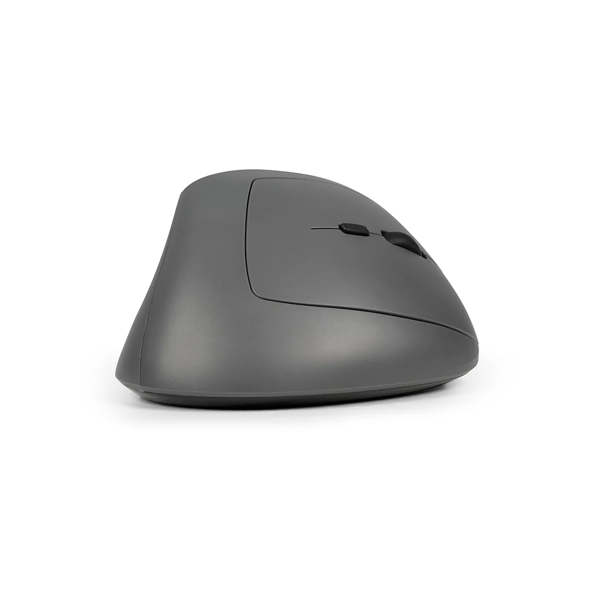 Souris ergonomique grise, vue de côté. Deux boutons et une molette de défilement visibles. Le fond est blanc.
