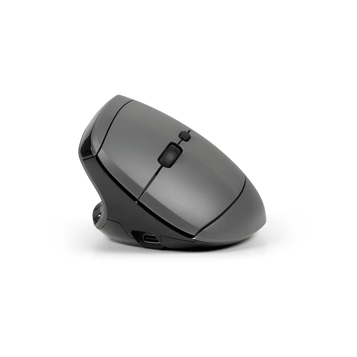 Souris ergonomique grise et noire, légèrement inclinée sur fond blanc. Avec molette de défilement et boutons latéraux.