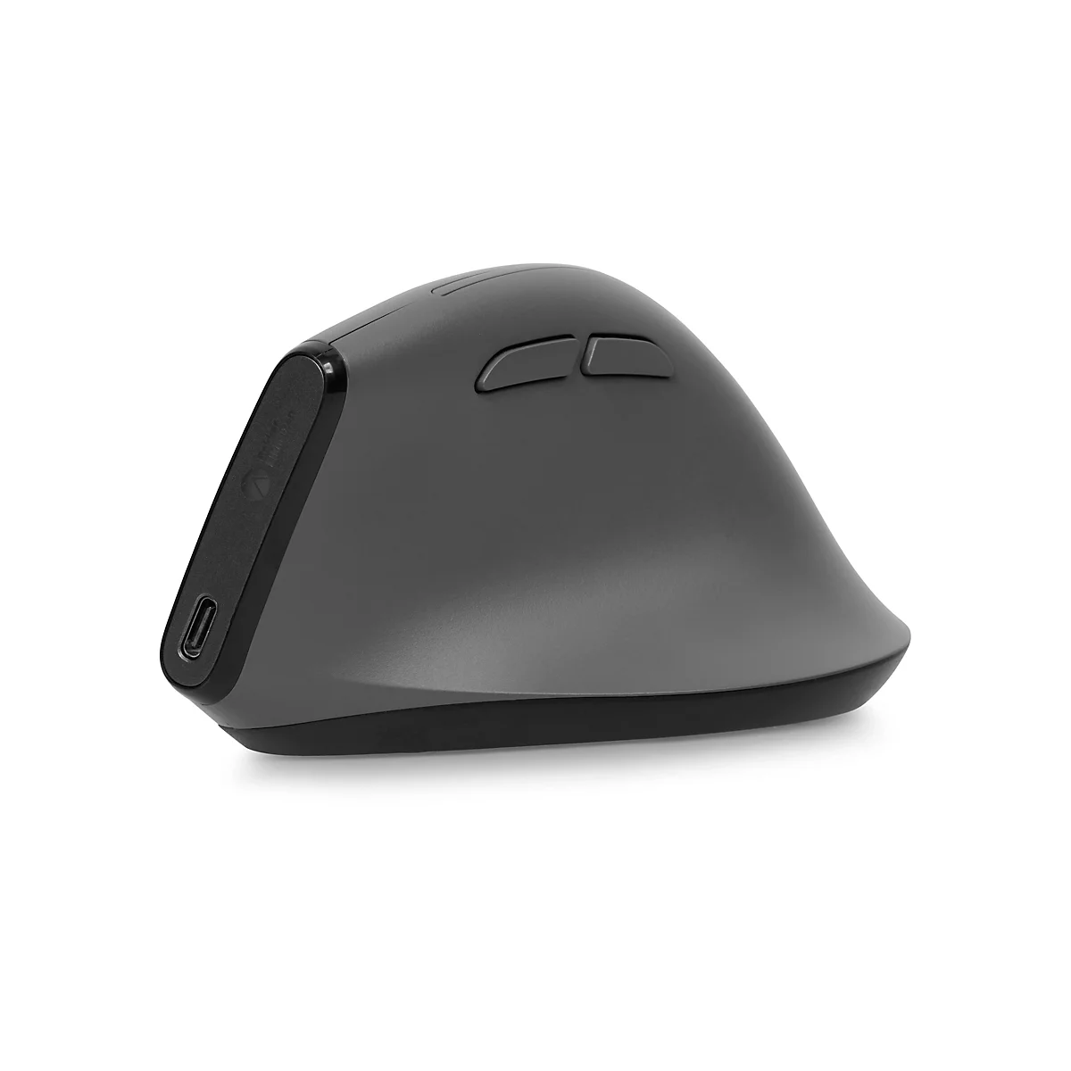 Souris ergonomique grise avec deux boutons et un port USB-C.
