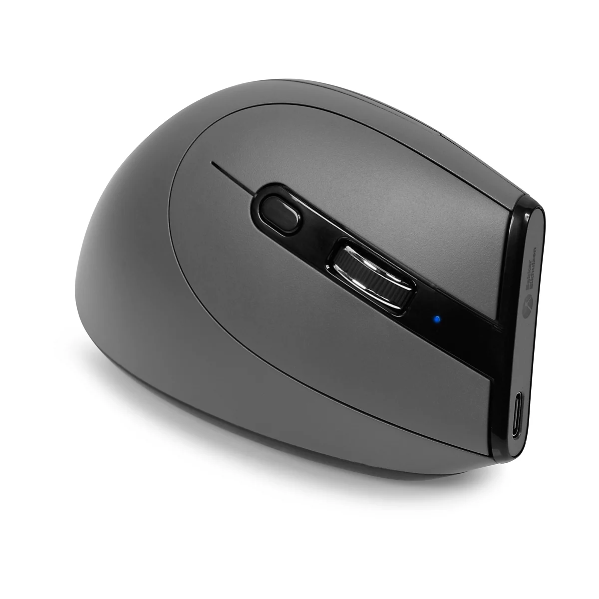 Souris ergonomique sans fil grise, vue de côté. Une molette de défilement et une LED bleue sont visibles.