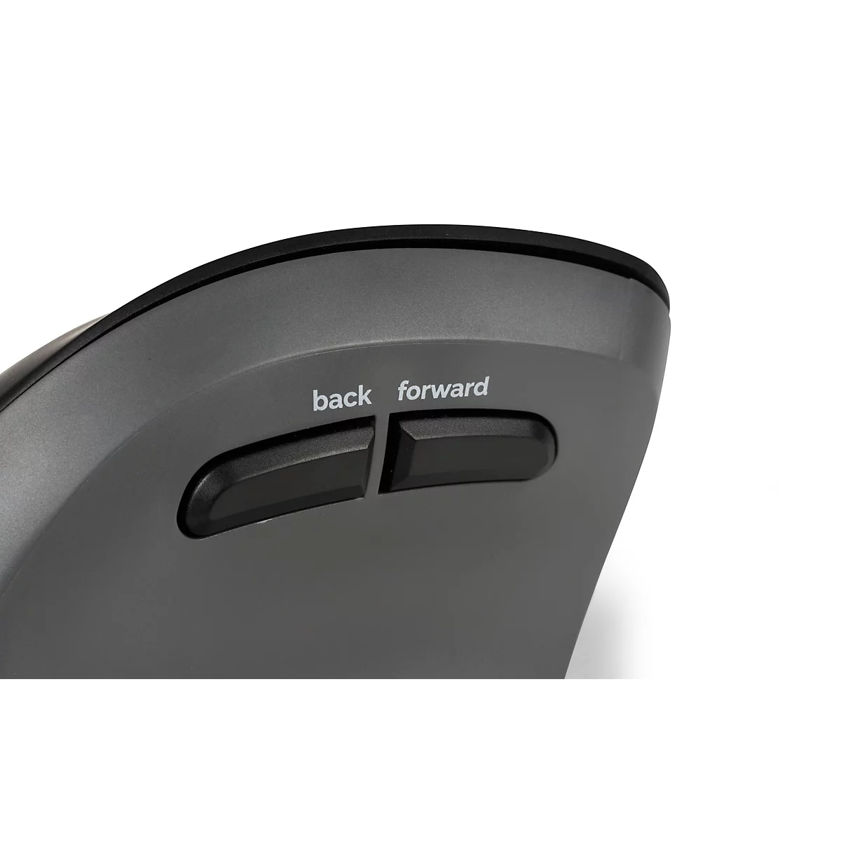 Vue latérale d'une souris d'ordinateur avec deux boutons noirs étiquetés 'back' et 'forward'.