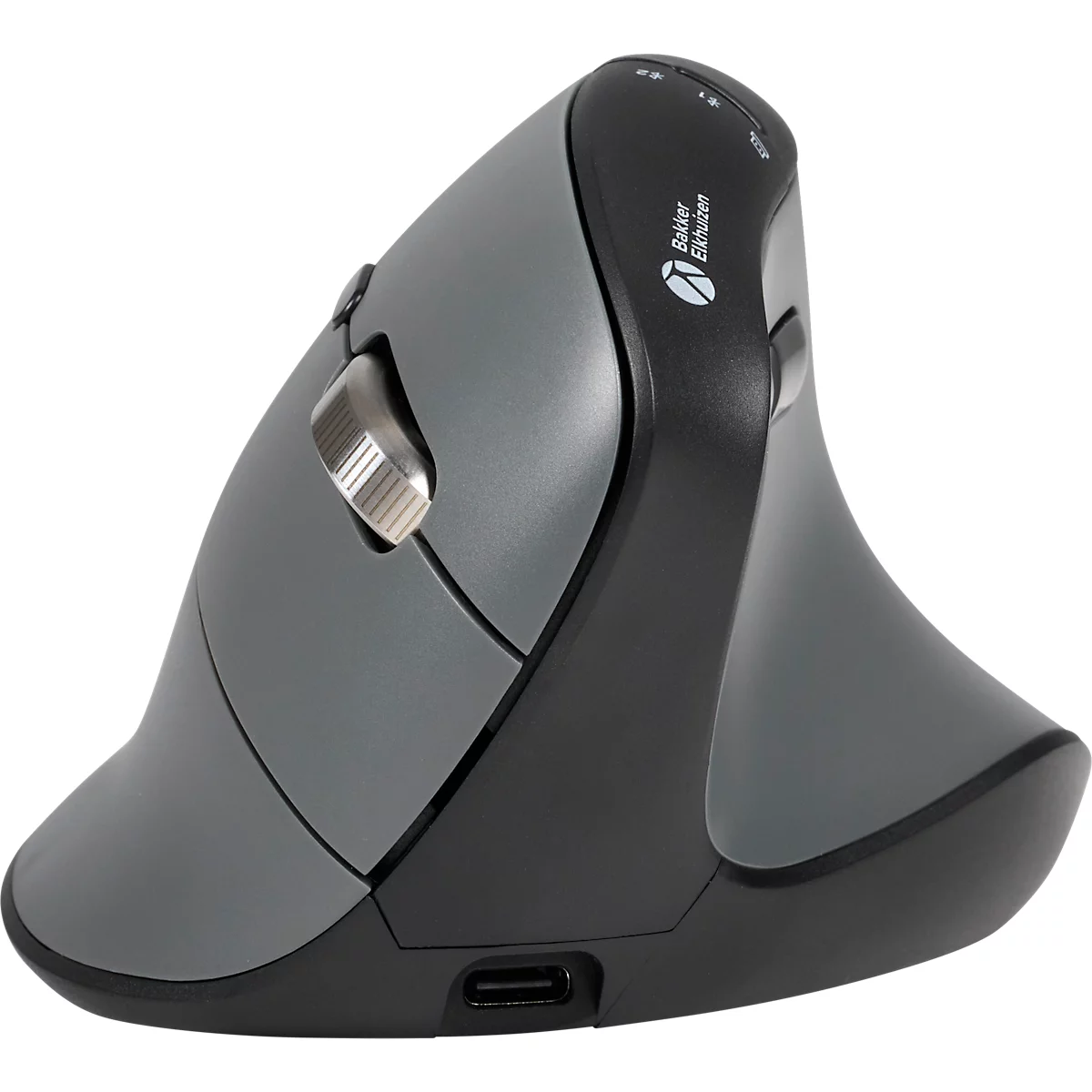 Souris ergonomique grise et noire. Conception verticale, avec molette de défilement, port USB-C et étiquette "Better Elbow".