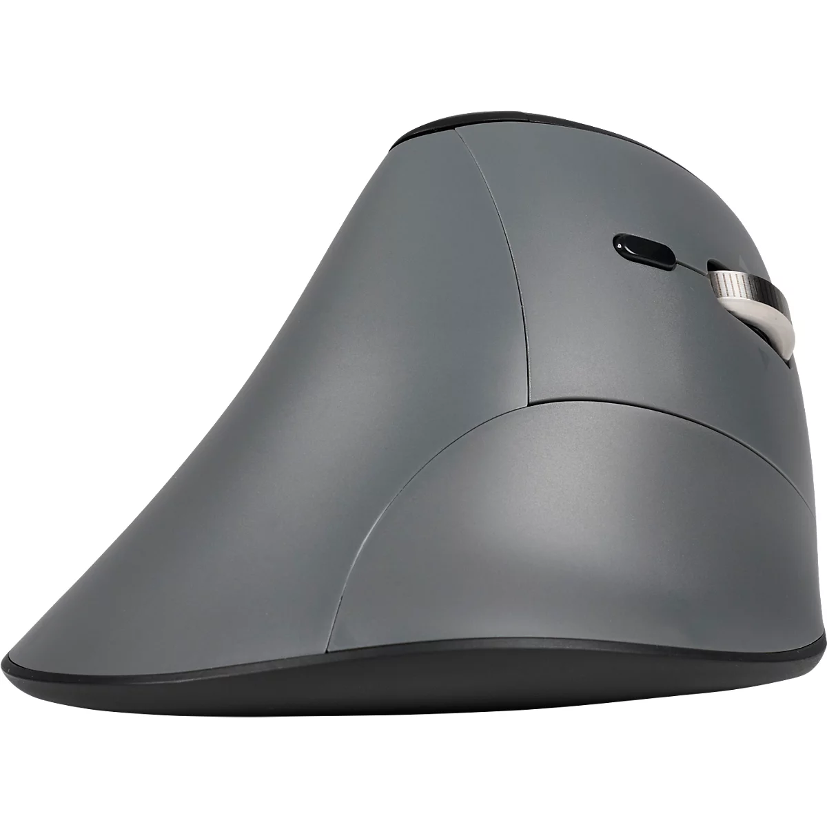 Souris ergonomique grise avec base noire et molette de défilement argentée.