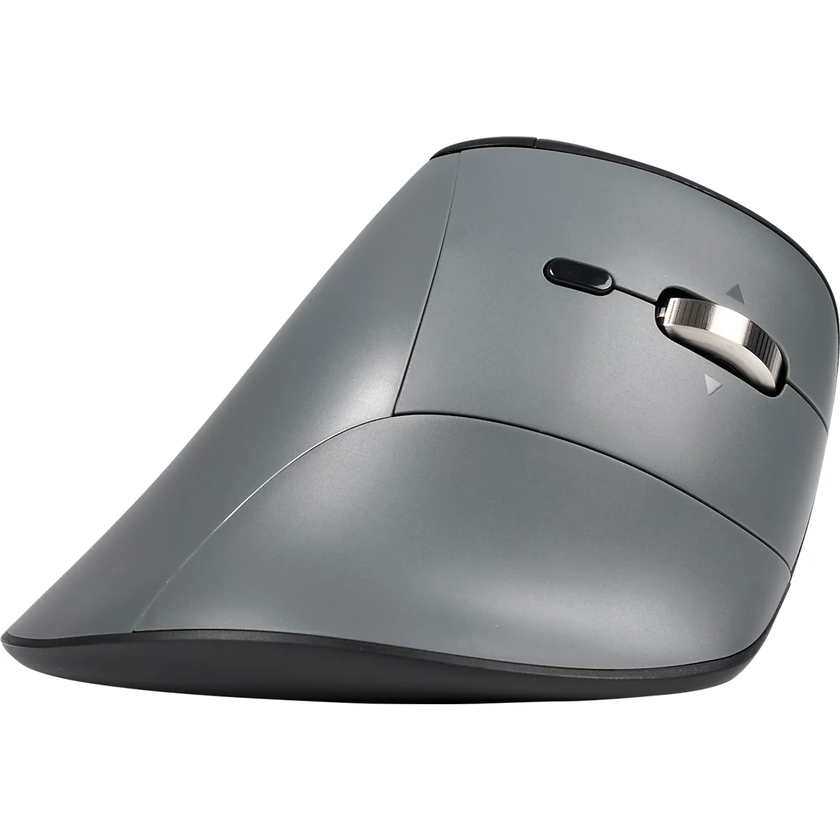 Souris ergonomique grise, avec molette de défilement et boutons. Forme verticale.