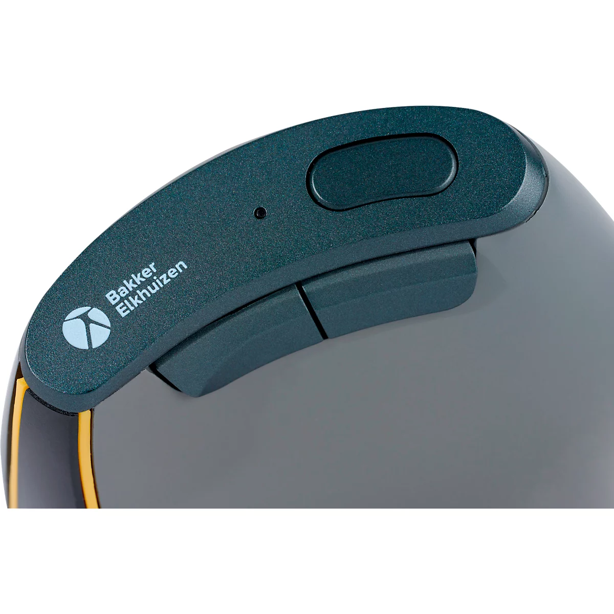 Gros plan d'une souris grise avec des boutons vert foncé, avec l'inscription "Bakker Elkhuizen".