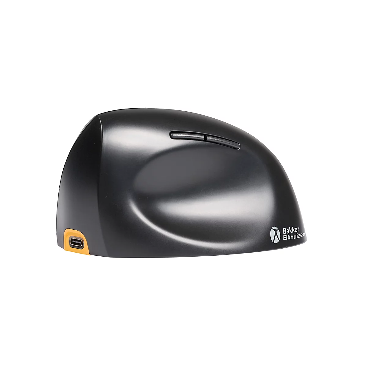 Souris ergonomique gris foncé. Sur le côté, le logo de Bakker Elkhuizen et un port USB-C orange.