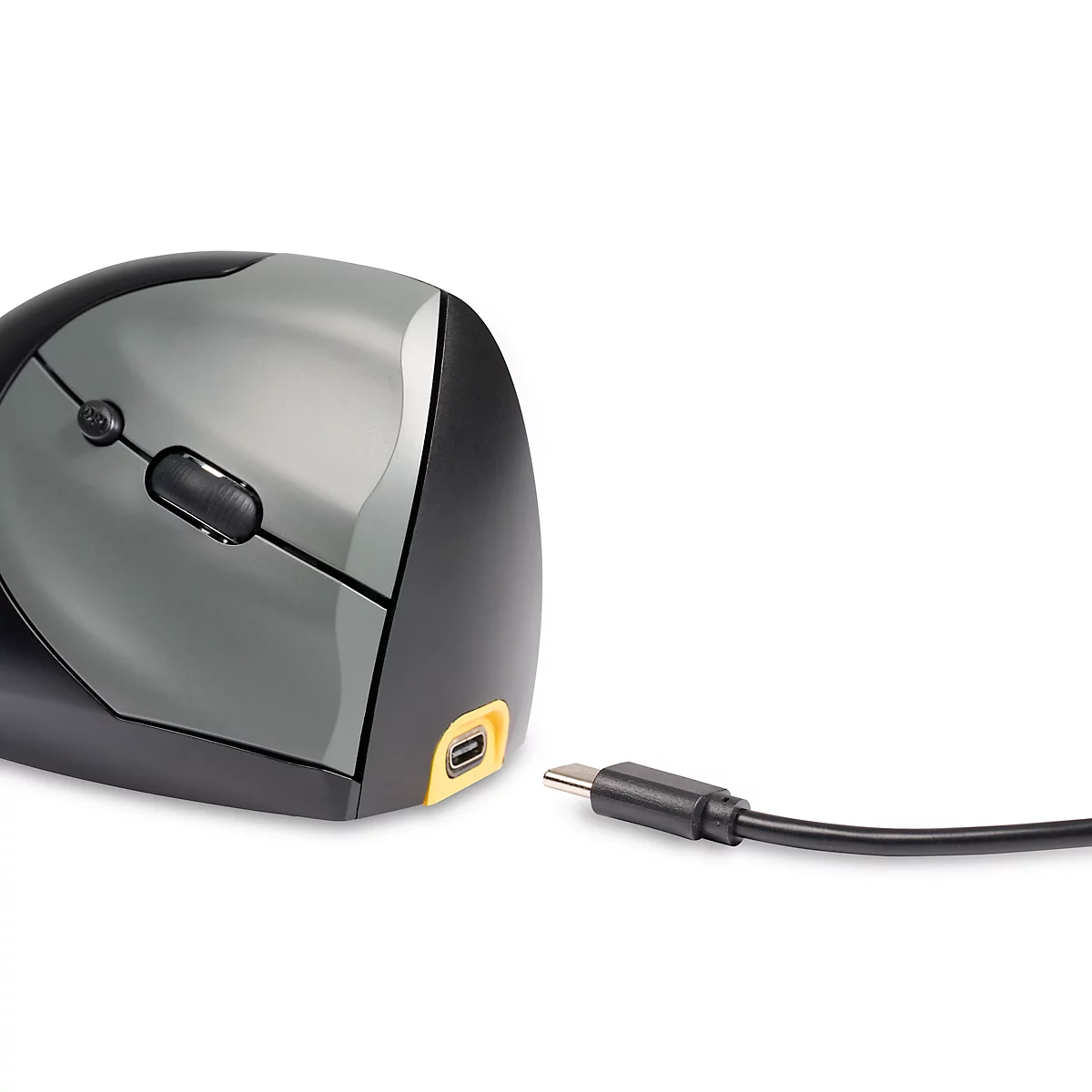 Souris ergonomique noire et grise, vue détaillée. La souris possède plusieurs boutons et une molette de défilement.