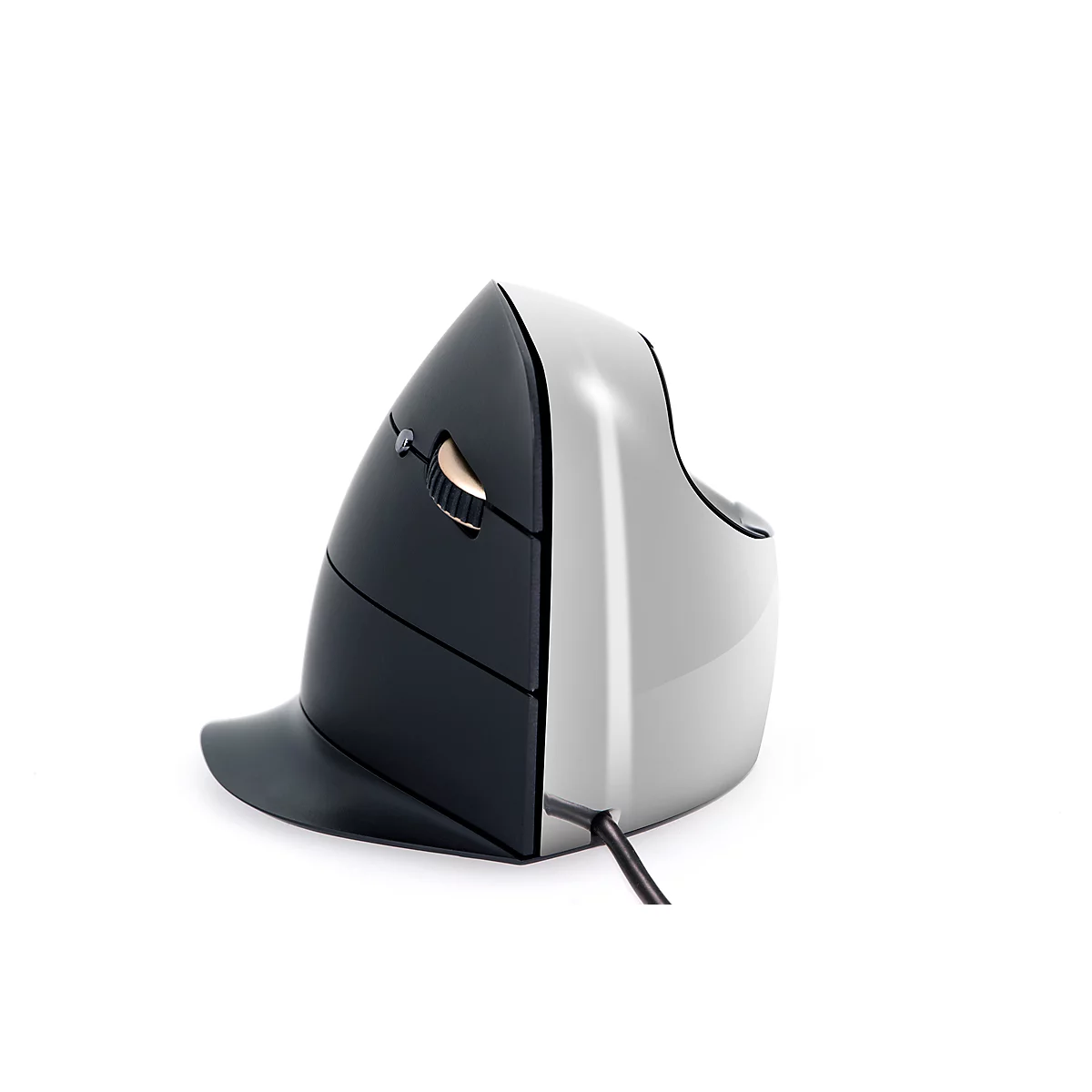 Souris verticale ergonomique noire et grise avec câble. Elle repose sur fond blanc.