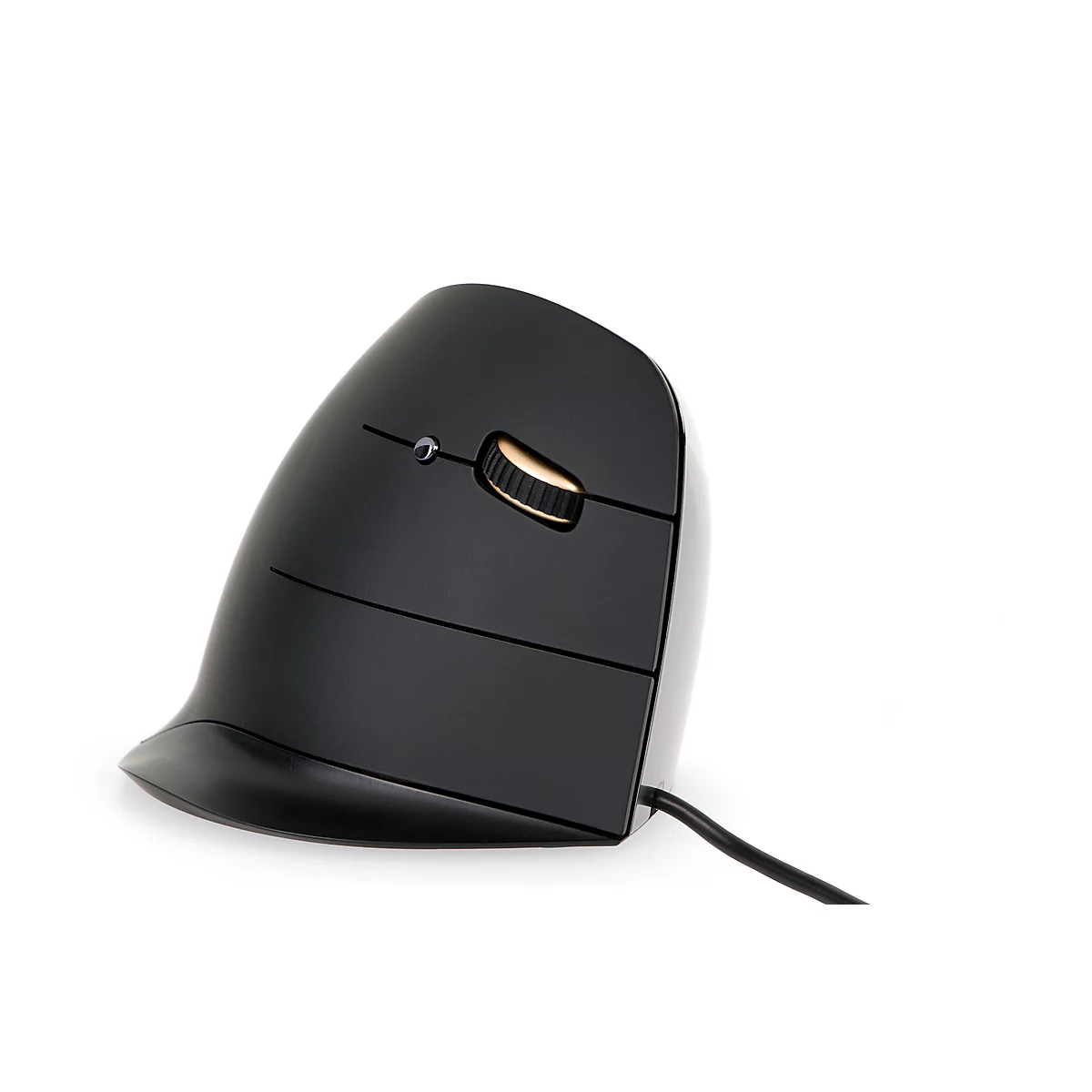 Souris ergonomique noire avec design vertical, molette de défilement et connexion par câble sur fond blanc.
