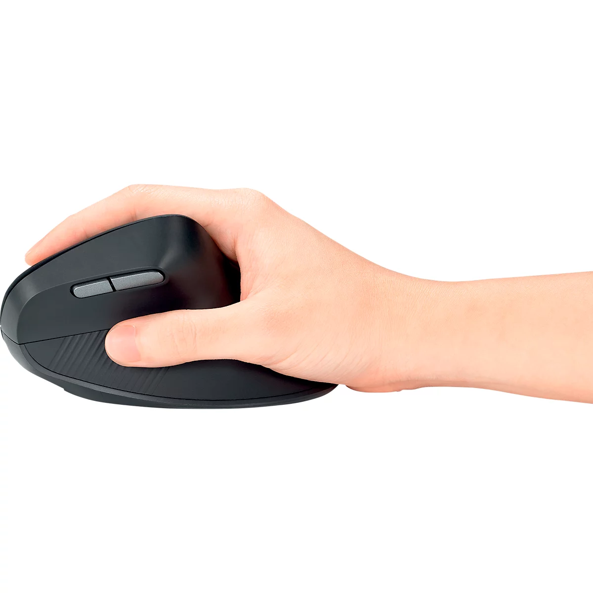 Souris ergonomique noire dans une main, deux boutons.