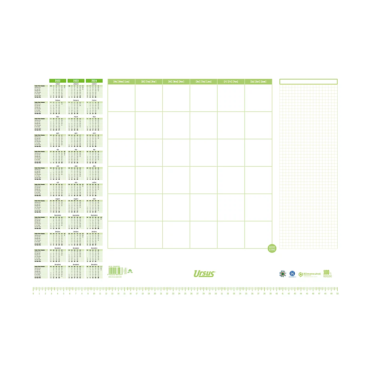 Un sous-main de calendrier blanc avec des lignes et des lettrages verts. Vue d'ensemble annuelle à gauche, calendrier au milieu, champ quadrillé à droite.
