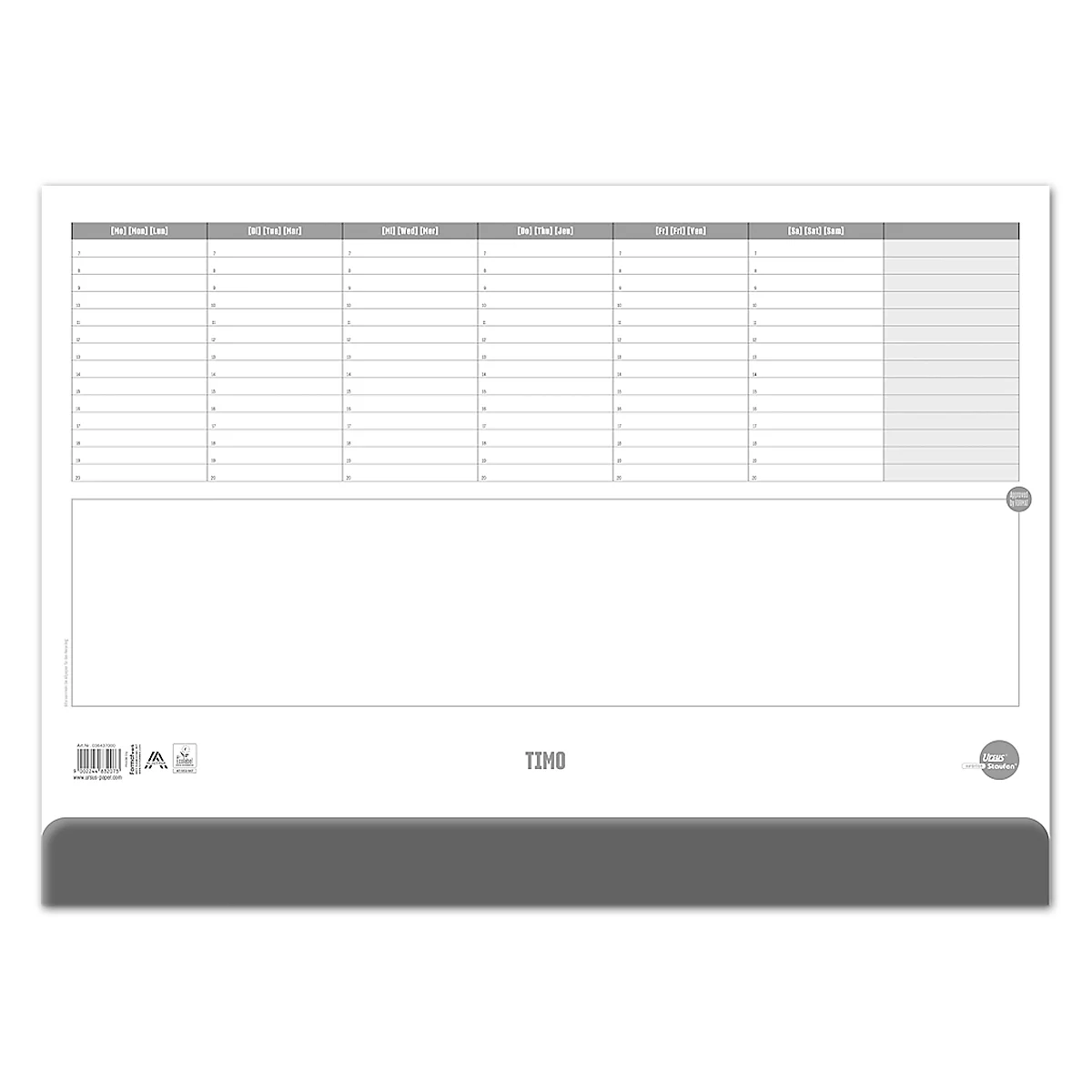 Tapis de bureau gris avec aperçu hebdomadaire et grande zone de bloc-notes, marque TIMO. Barre grise en bas.
