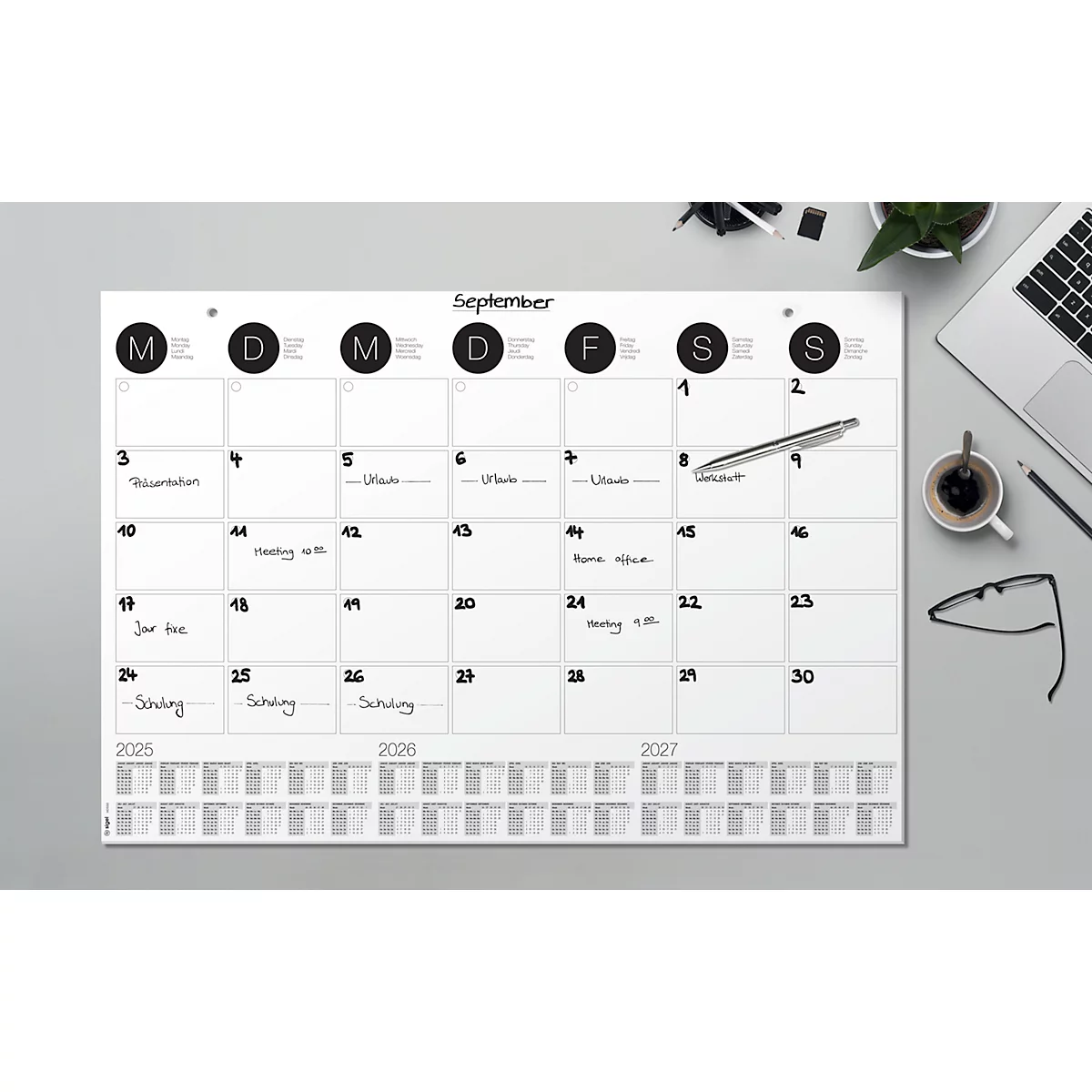 Sous-main aperçu mensuel Sigel, env. A2, calendrier 3 années, 12 feuilles, également utilisable comme calendrier mural, noir/blanc