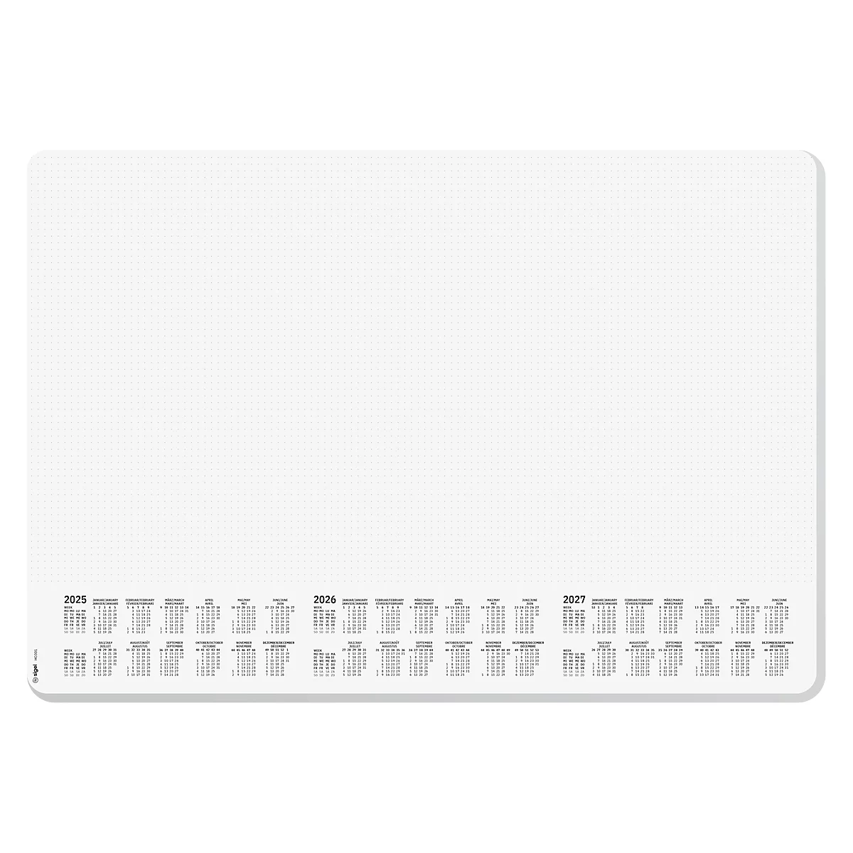 Tapis de souris blanc avec calendriers pour les années 2025, 2026 et 2027 en bas. L'arrière-plan présente une fine grille.