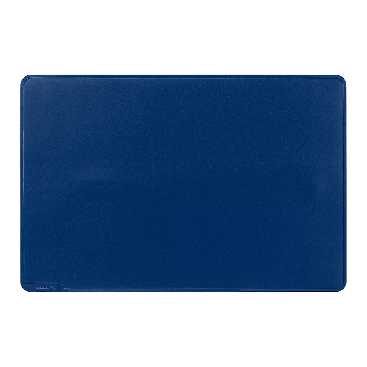 Tapis rectangulaire bleu foncé, coins arrondis. Un petit texte est en bas à gauche.