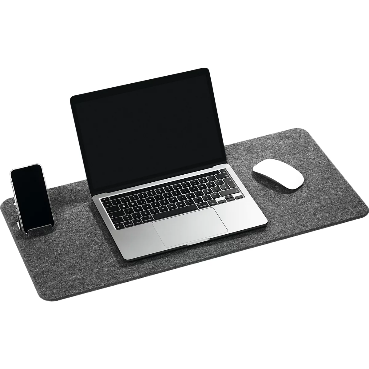 Tapis de bureau en feutre gris avec ordinateur portable, souris et support pour smartphone.