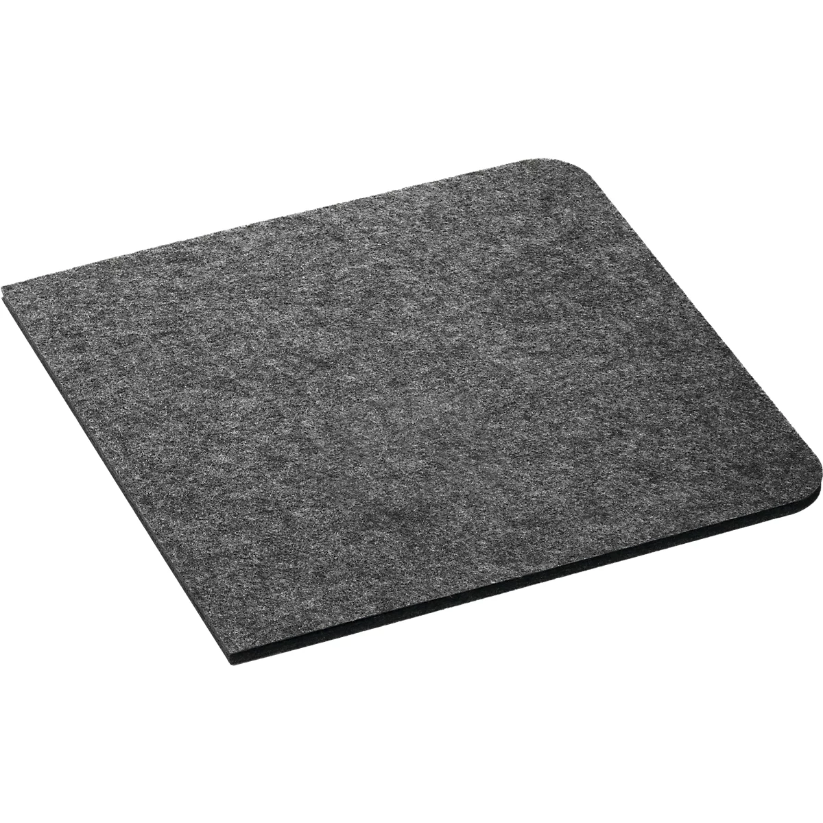 Sous-verre en feutre gris avec coins arrondis. Bord noir.