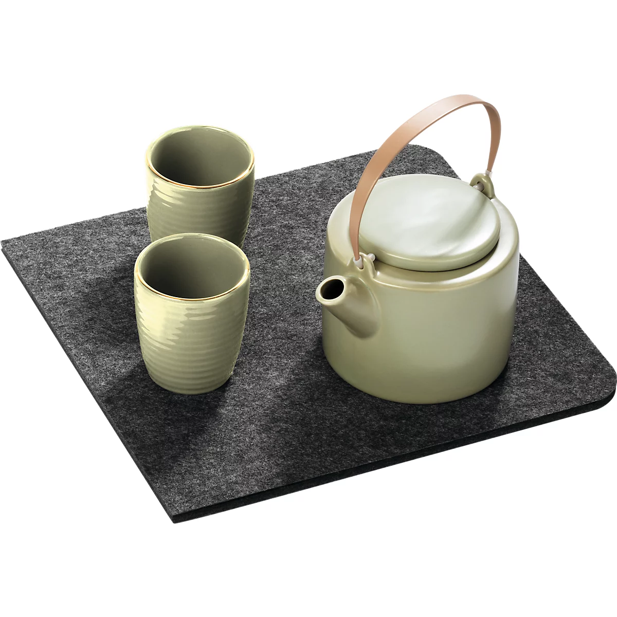 Plateau en feutre gris avec deux tasses et une théière, vert clair, anse en cuir.