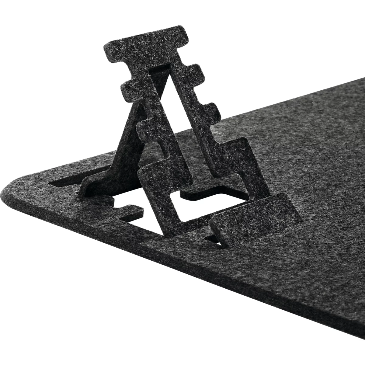 Support de téléphone en feutre gris, capable de maintenir un téléphone dans diverses positions.