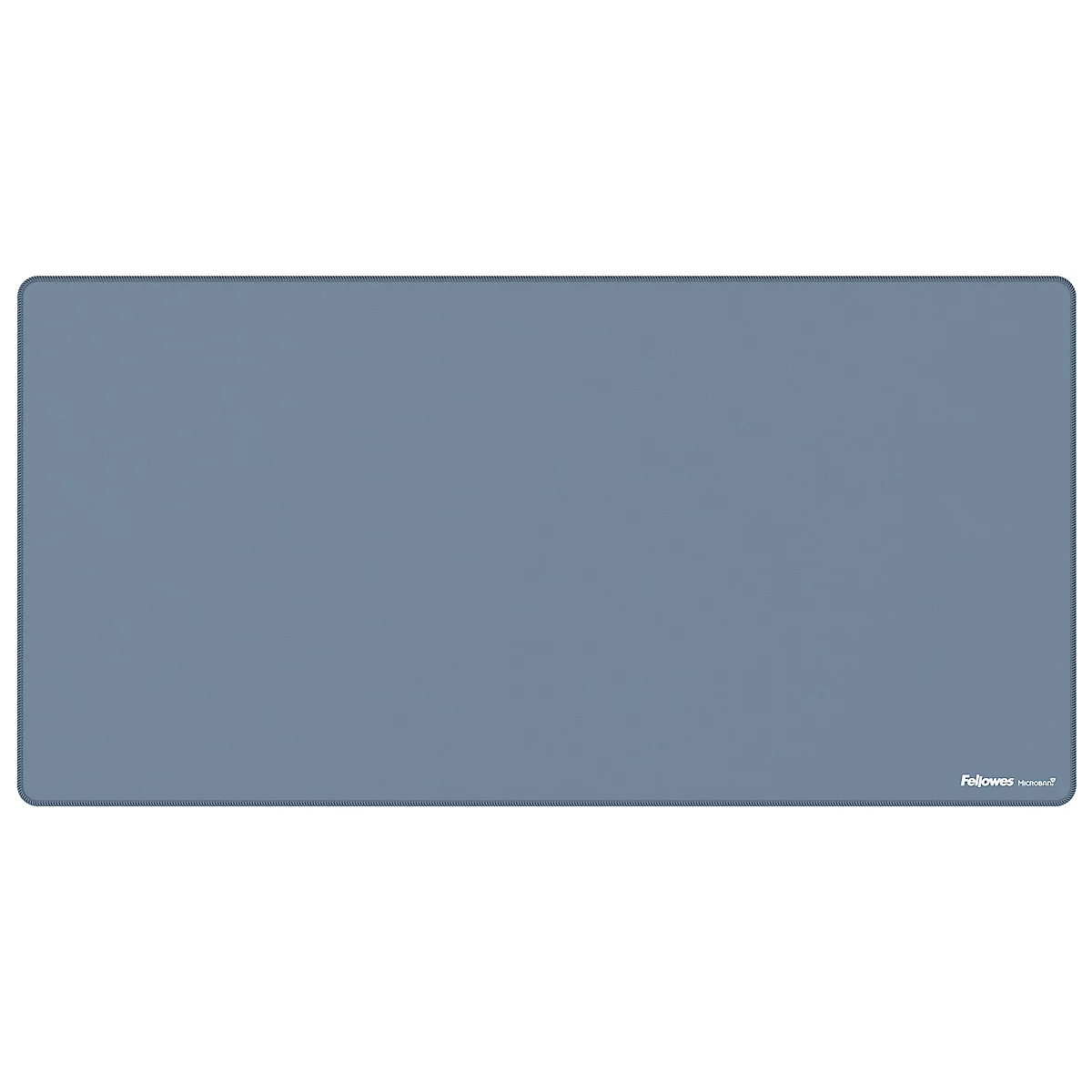 Tapis de bureau rectangulaire gris, coins arrondis, petite inscription "Fellowes" en bas à droite.