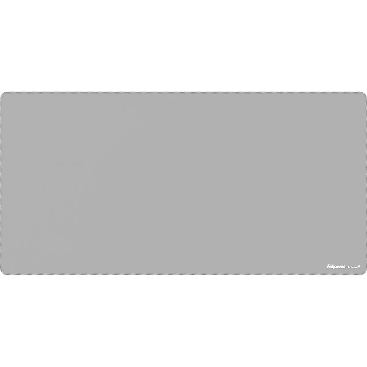 Tapis de bureau rectangulaire gris avec des coins arrondis. Petit logo dans le coin inférieur droit.