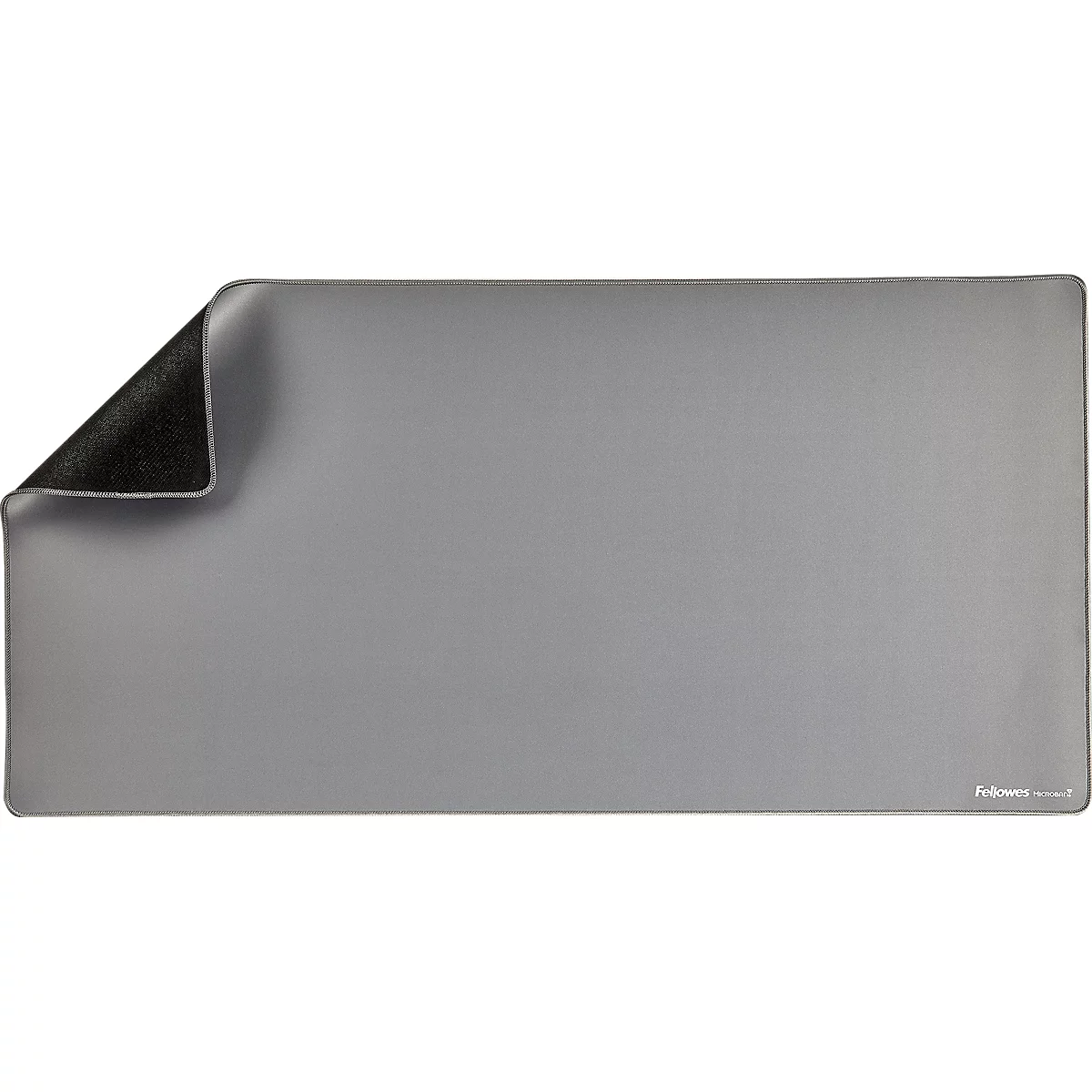 Tapis de bureau gris, avec un coin noir.