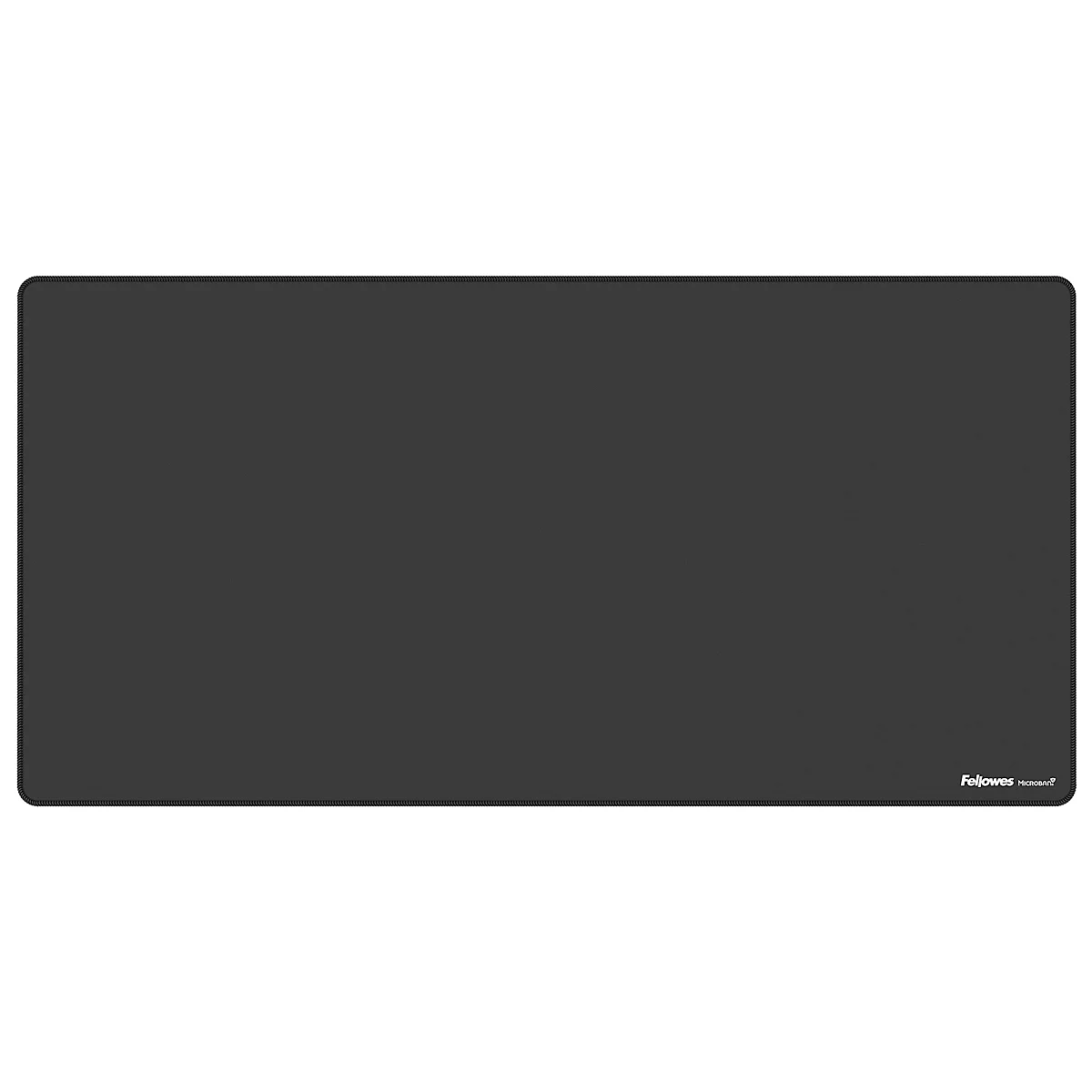 Tapis de souris noir avec coin enroulé. Petites lettres blanches : Fellowes.