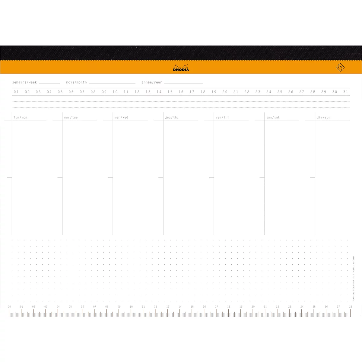Sous-main Rhodia, agenda semainier, dos toilé, 60 feuilles microperforées, A4+ (222 x 299 mm)