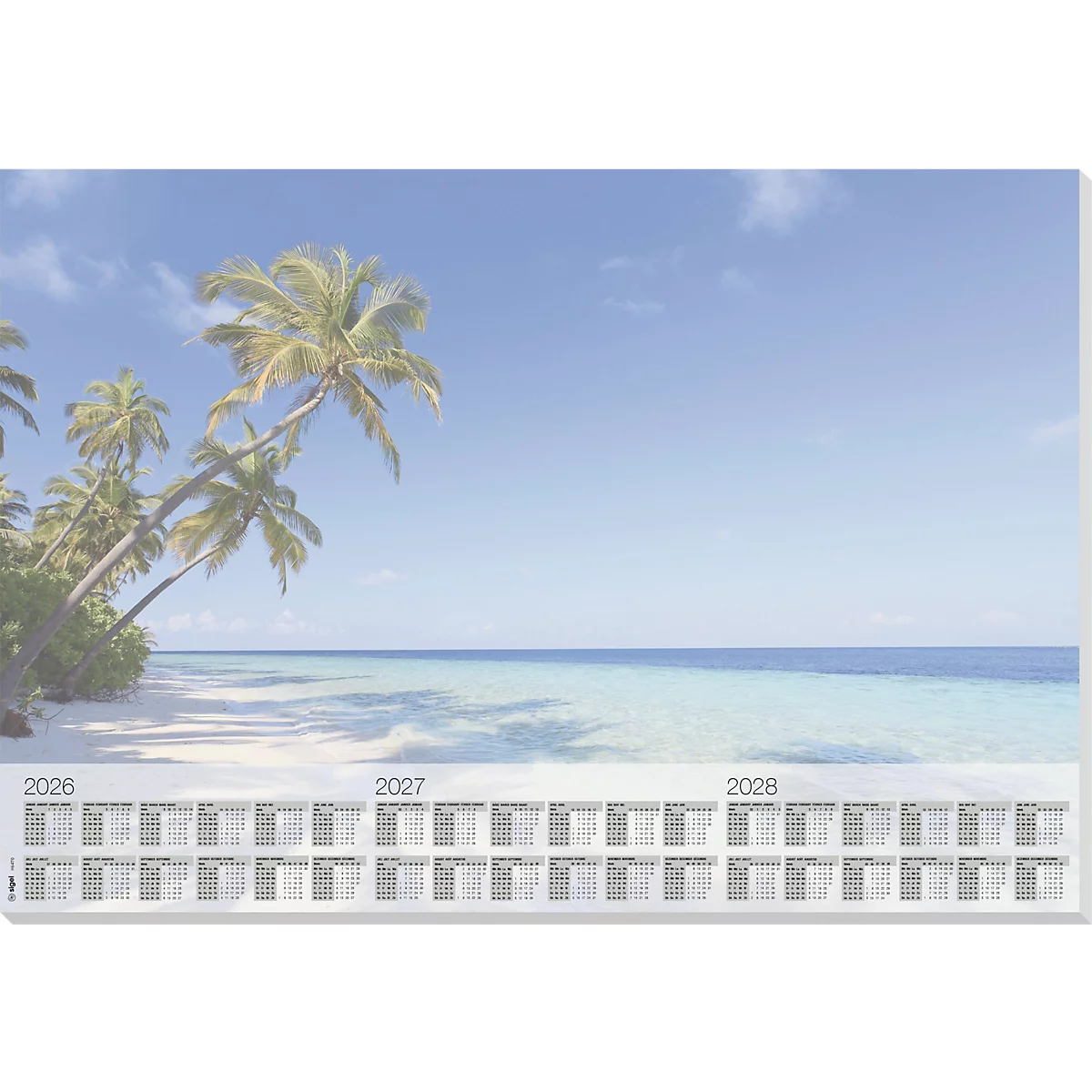 Un calendrier de plage avec des palmiers, ciel bleu et mer.