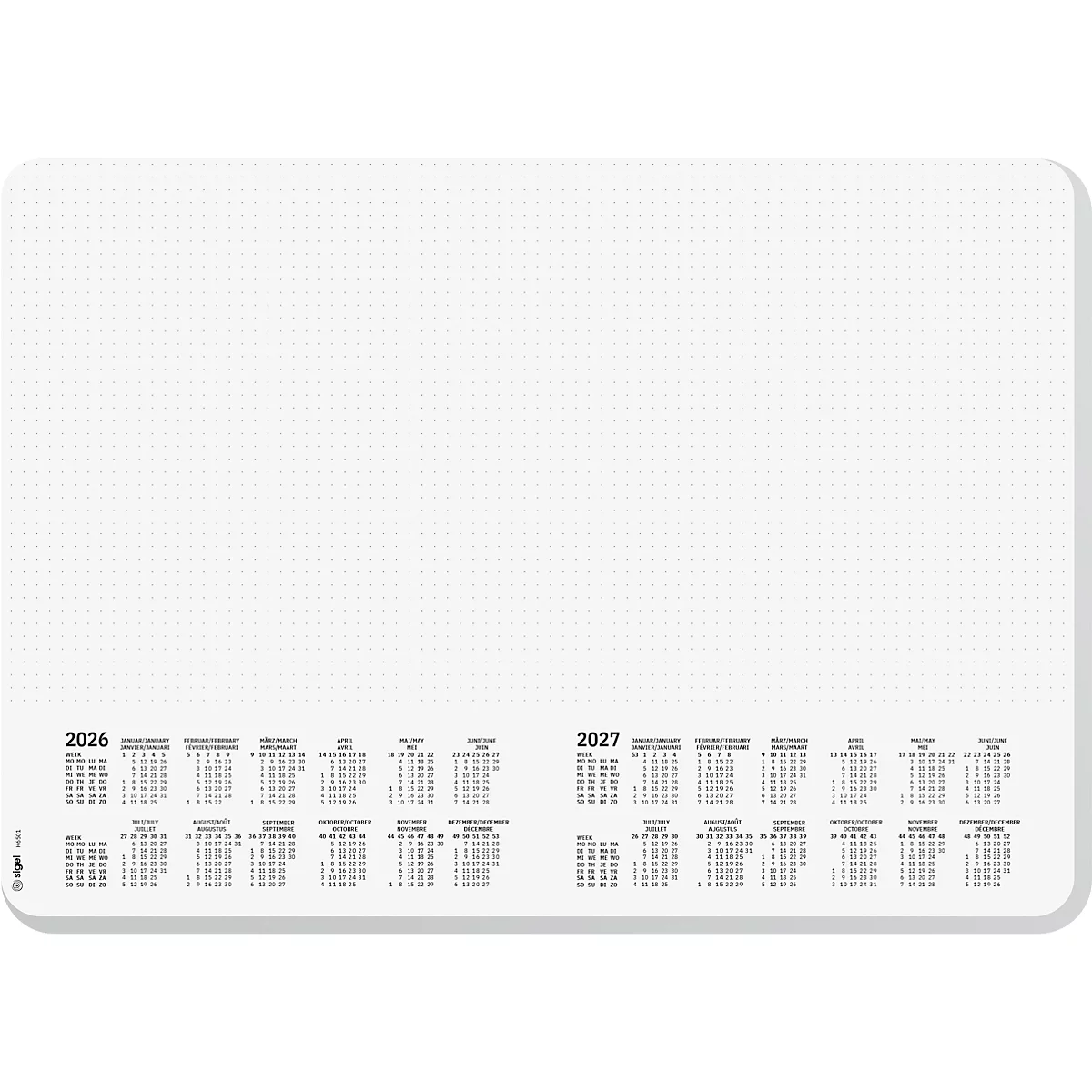 Un carnet blanc avec des pages pointillées et des calendriers pour 2026 et 2027 en bas.