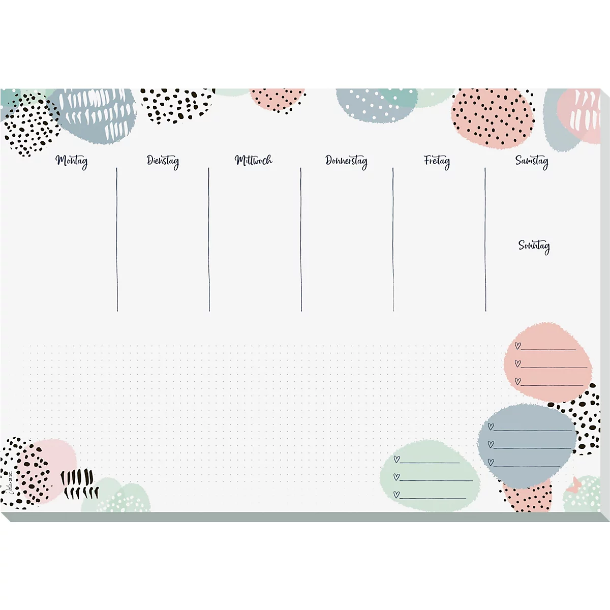 Planificateur hebdomadaire avec des cercles colorés pointillés et rayés. Les jours de la semaine sont indiqués : du lundi au dimanche.