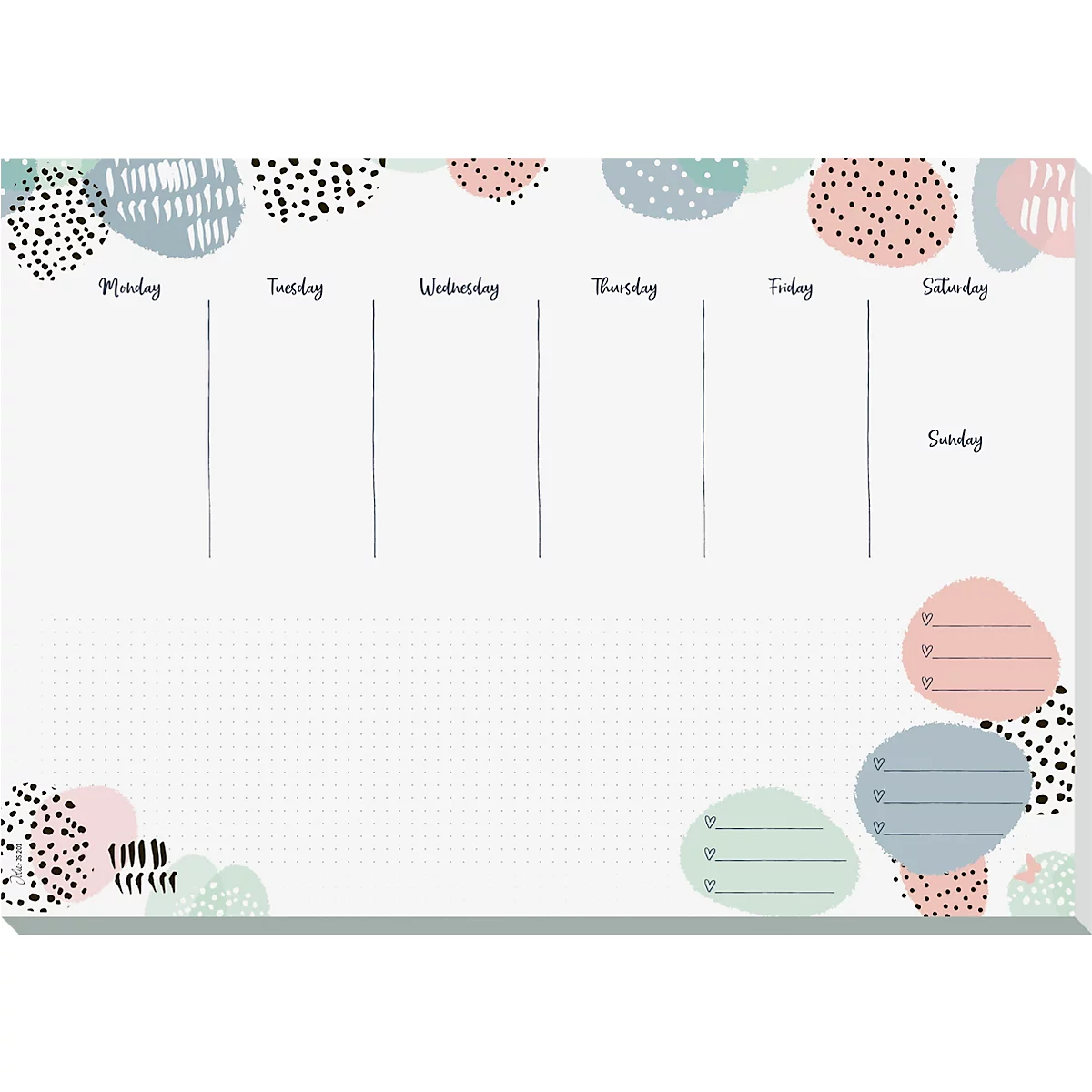 Planificateur hebdomadaire avec des motifs peints à la main, divisé en jours, des champs vides pour les notes.