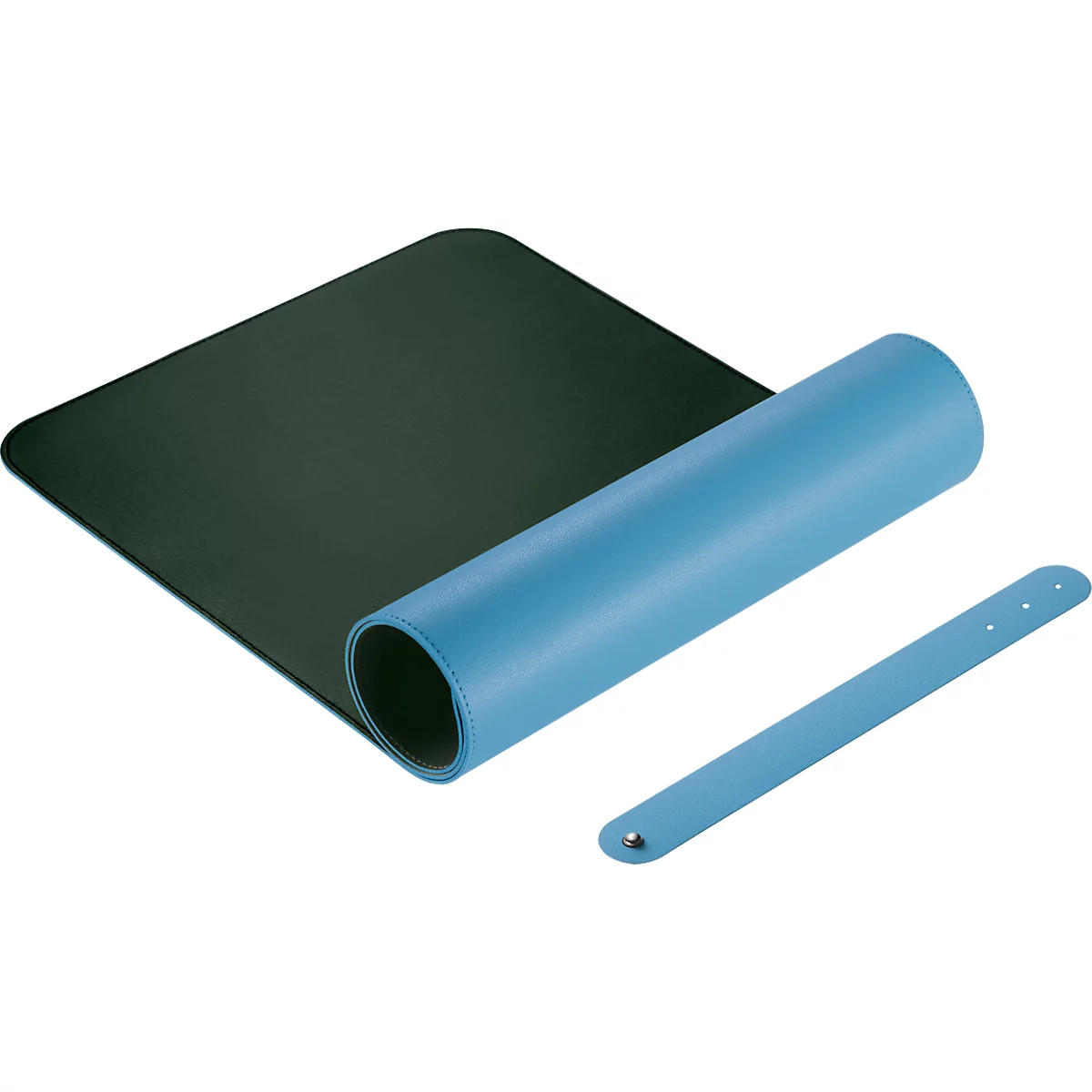 Un tapis bleu roulé à côté d'un tapis noir ouvert et d'une sangle bleue.