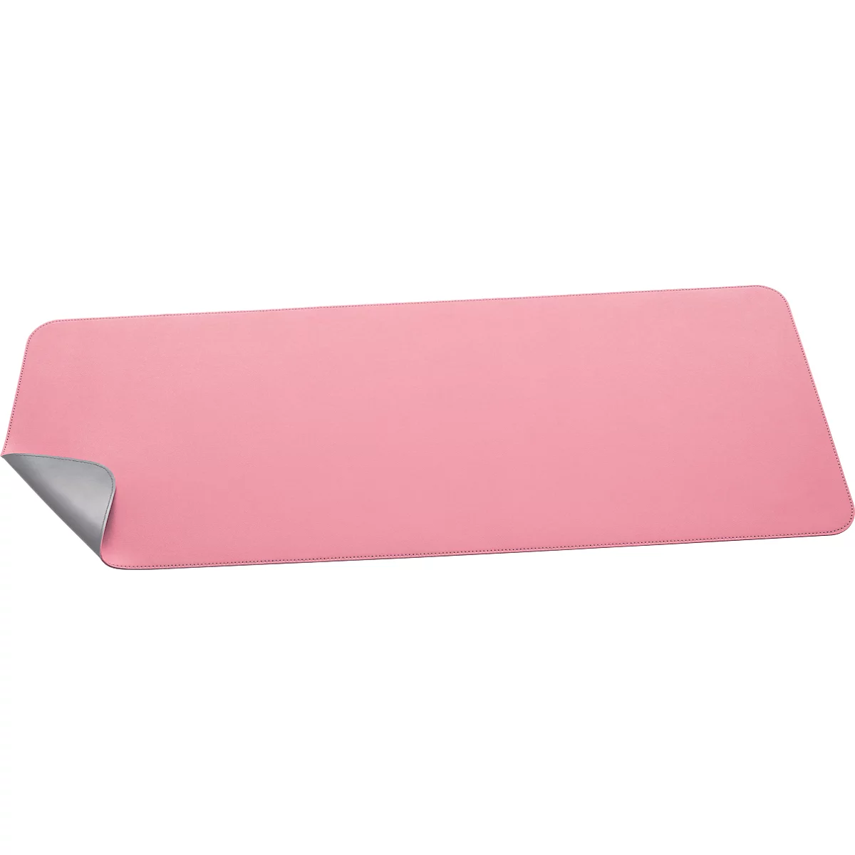 Tapis de souris rectangulaire rose, coin replié, dessous argenté.