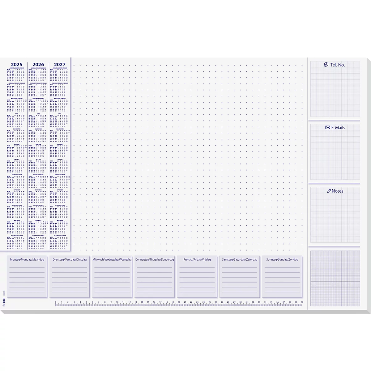 Planificateur hebdomadaire gris clair avec calendriers, champs de grille et de lignes.