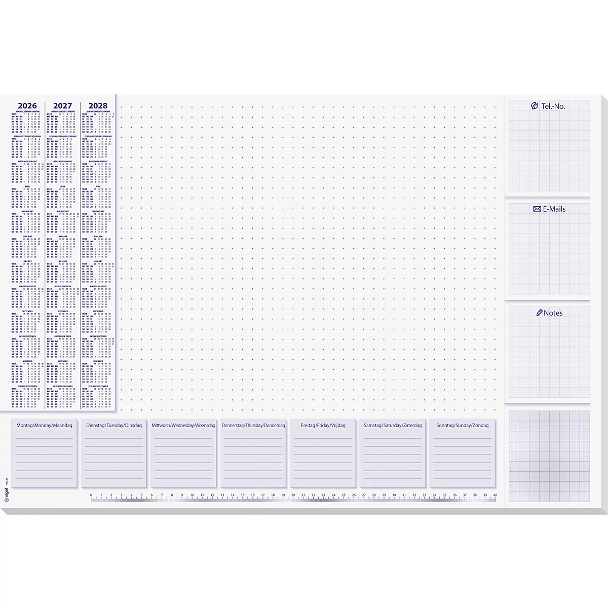 Bloc-notes blanc avec calendriers, notes et aperçu hebdomadaire, ainsi qu'une grille et une échelle.