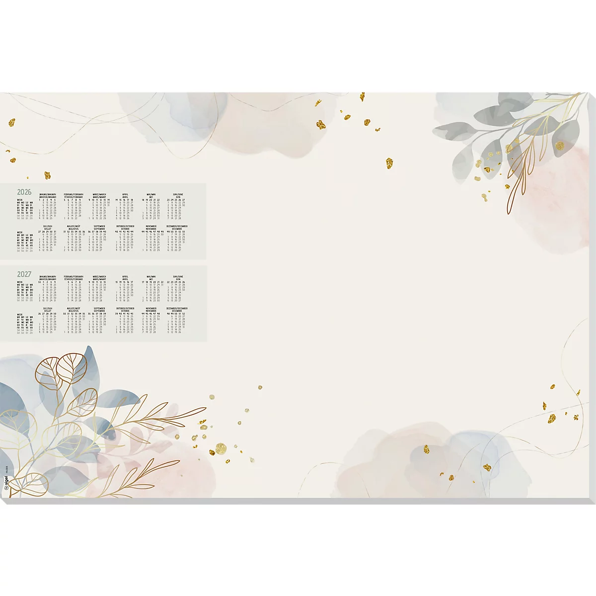 Deux calendriers décorés avec des peintures à l'aquarelle et des feuilles. En haut à gauche se trouvent deux blocs avec les calendriers pour 2026 et 2027.