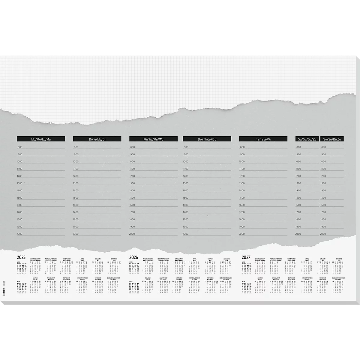 Calendrier de bureau gris avec des bords déchirés. Il y a des colonnes pour les notes en haut, et des calendriers pour 2025, 2026 et 2027 en bas.