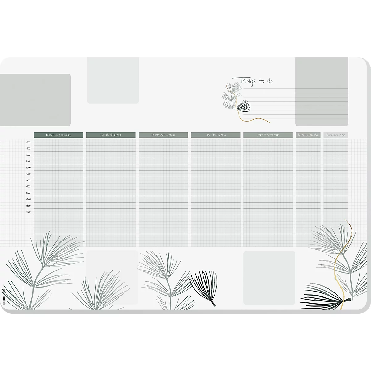 Planificateur hebdomadaire en gris et blanc avec des éléments floraux et un aperçu hebdomadaire.