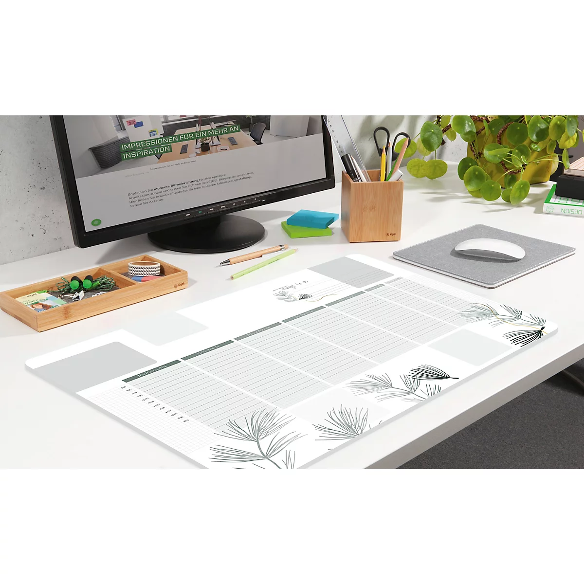 Bureau avec planificateur hebdomadaire, tapis de souris, porte-stylo, moniteur avec vue sur le site Web et plante d'intérieur. Les éléments sont bien rangés.