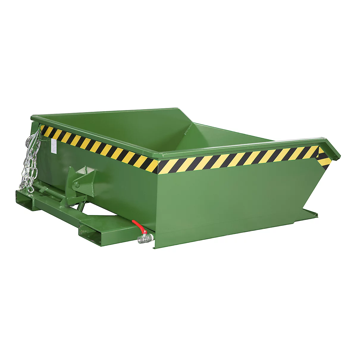 Groene stalen container met geel-zwarte waarschuwingsmarkeringen, ketting, kraan en aftapplug.