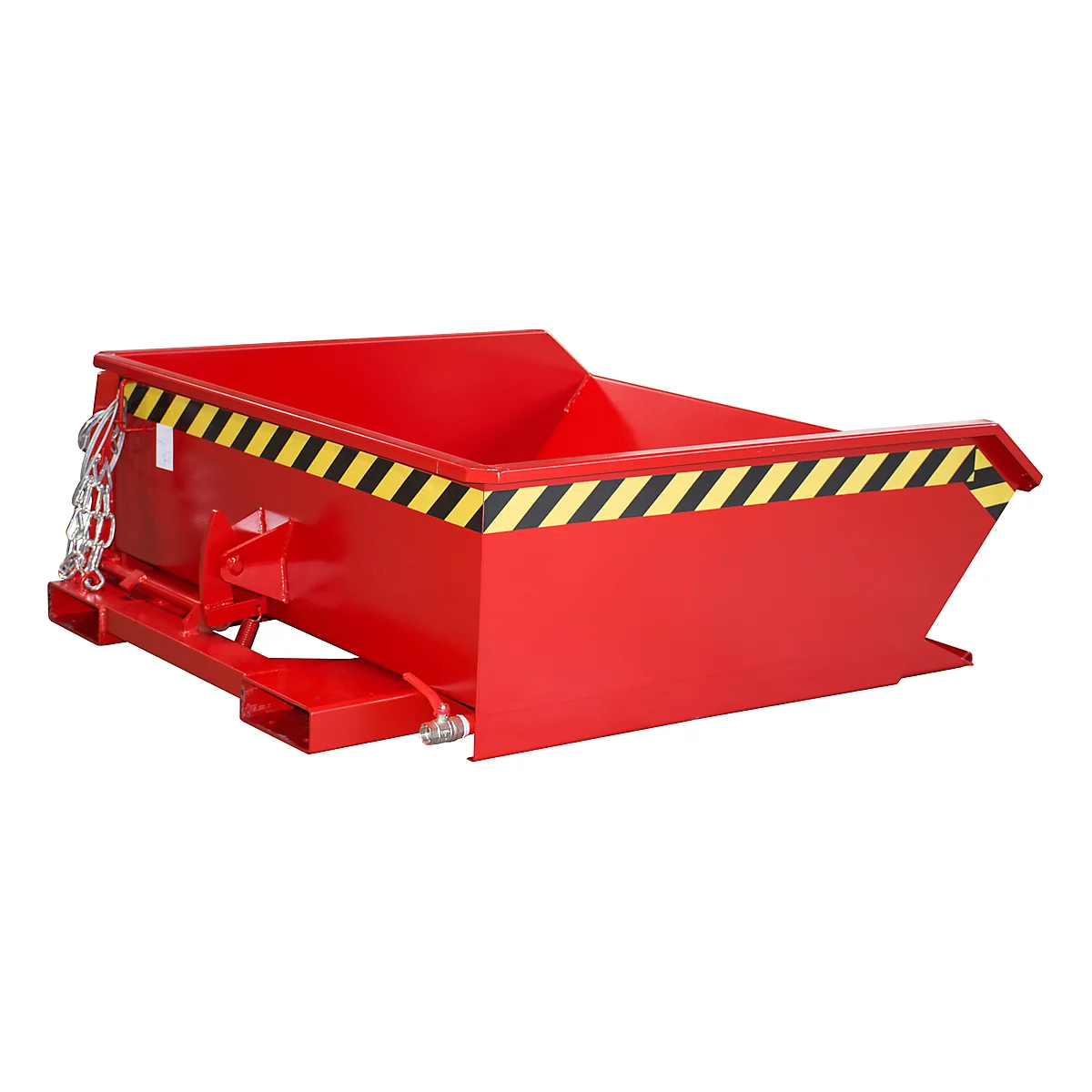 Rode kiepcontainer met zwart-gele waarschuwing.